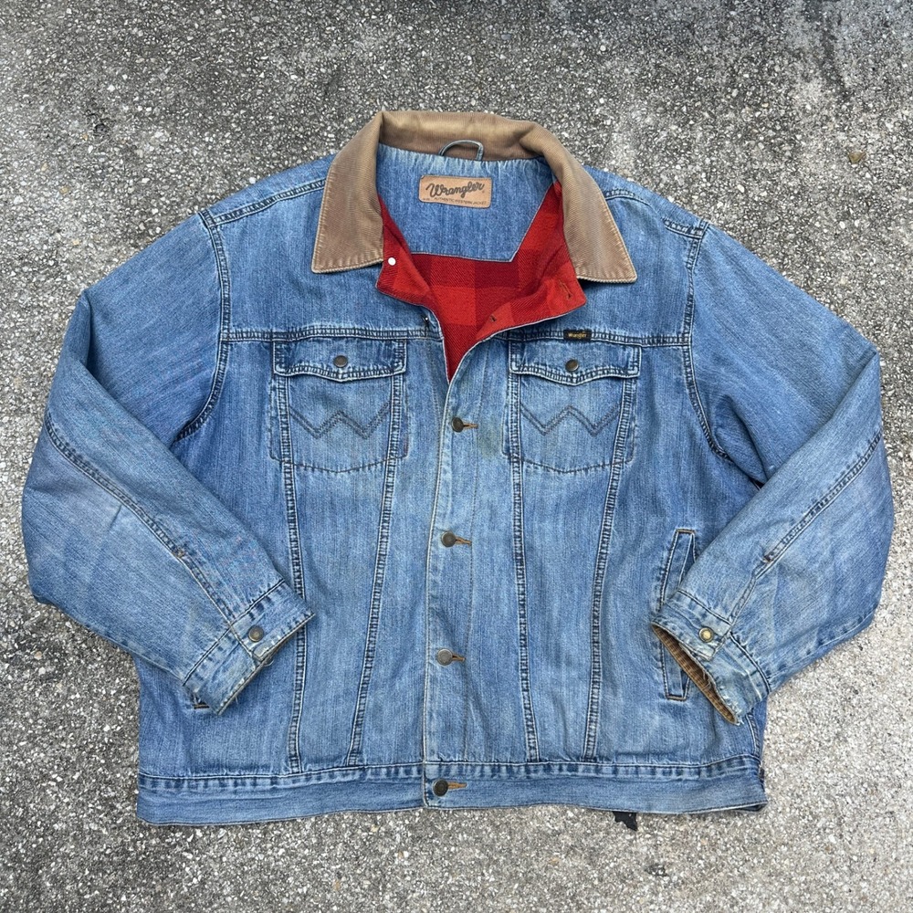 Vtg Wrangler Authentic Western Denim Jacket Plaid Lined Corduroy Collar Mens XL